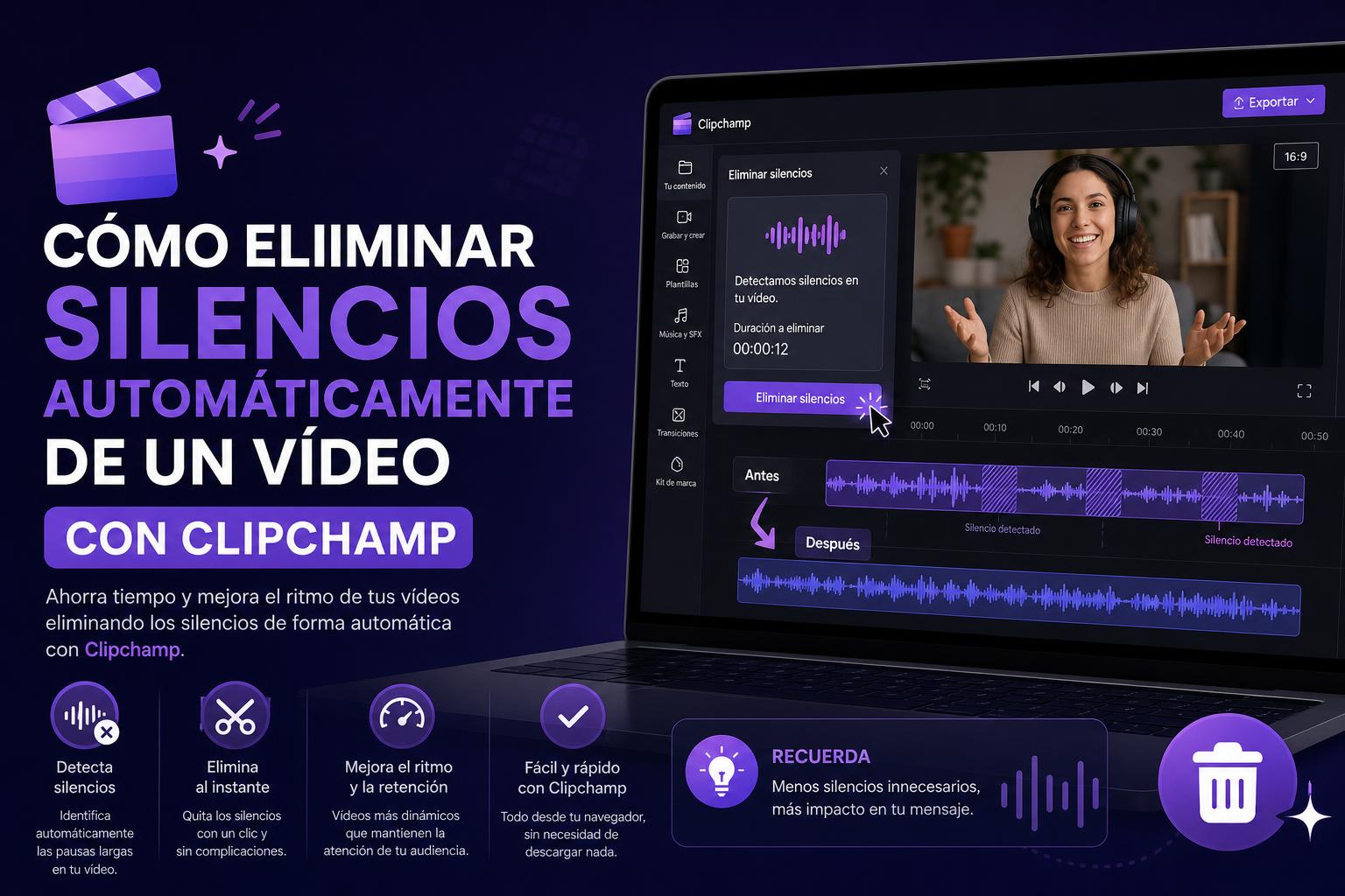 Cómo eliminar silencios automáticamente de un vídeo con Clipchamp