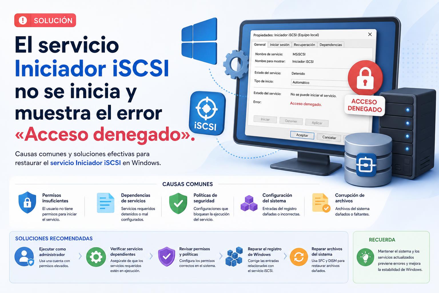 El servicio Iniciador iSCSI no se inicia y muestra el error «Acceso denegado».