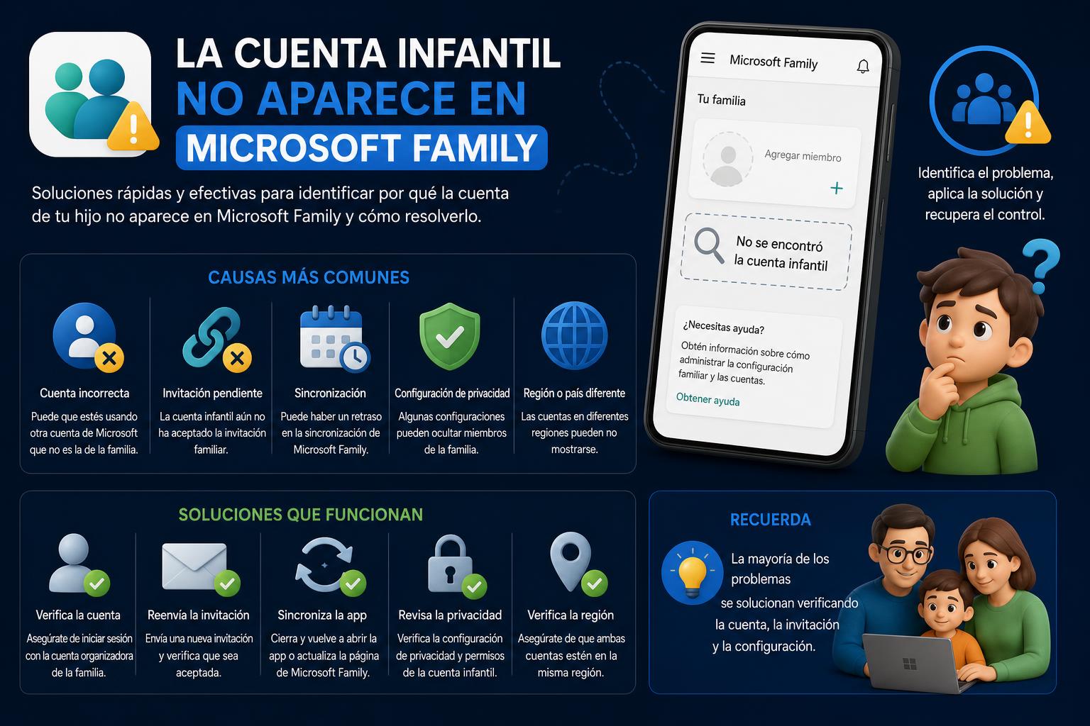 La cuenta infantil no aparece en Microsoft Family