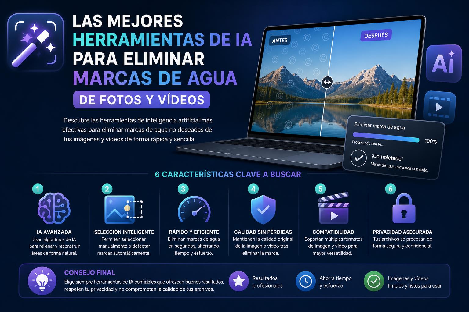 Las mejores herramientas de IA para eliminar marcas de agua de fotos y vídeos